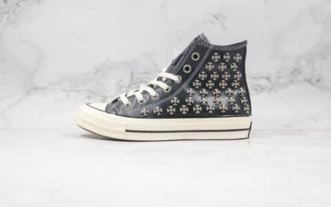 匡威Chrome Heart X Converse Chuck 70公司级版本克罗心联名皮面板鞋黑色蓝底双围条 货号：169999C