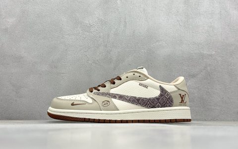 乔丹Travis Scott x Fragment Design x Air Jordan 1 Low纯原版本闪电倒钩联名AJ1花勾鬼脸LV路易威登低帮板鞋 莆田AJ工厂 货号：XS2024-060