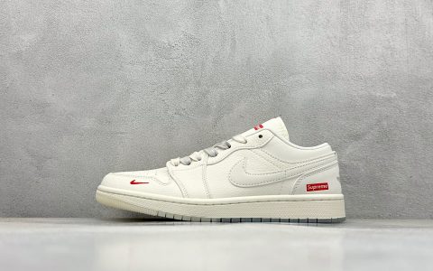 乔丹Supreme x Air Jordan 1 Low纯原版本AJ1联名Supreme米灰红标篮球鞋 莆田AJ货源 货号：XX3168-175